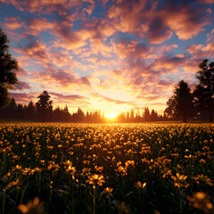 Vibrant Sunset over a Field of Yellow Flowers