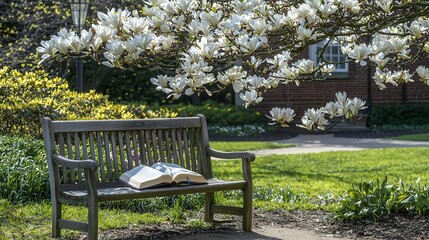 Fototapeta premium Serene Spring Garden Scene with Book on Bench