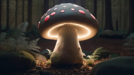 this is an image of a mushroom in the night sky next to flowers and a plant