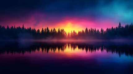 Fototapeta premium Vibrant Sunset over a Misty Lake and Silhouetted Forest
