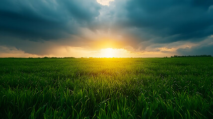 Vibrant Sunset Over a Lush Green Field