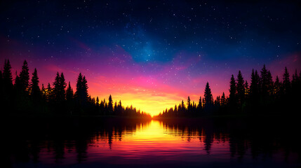 Vibrant Sunset Over a Tranquil Lake with Silhouetted Trees