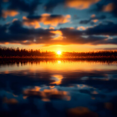Naklejka premium Vibrant Sunset Over Calm Lake Reflection