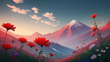 a red mountain range with lots of flowers in it as seen from below, during sunset