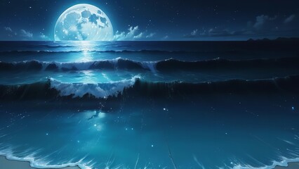 a full moon shining over the ocean under a night sky with clouds and stars above it