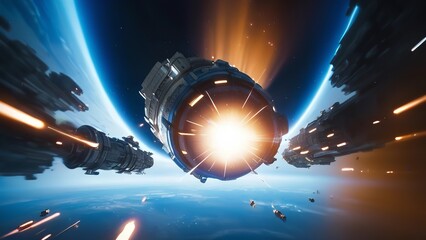 a large group of ships flying in the air next to each other on top of a planet