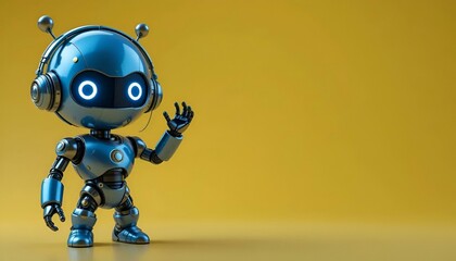 Futuristic blue robot with glowing eyes on a yellow background, waving its hand. Concept of friendly artificial intelligence and future technologies.

