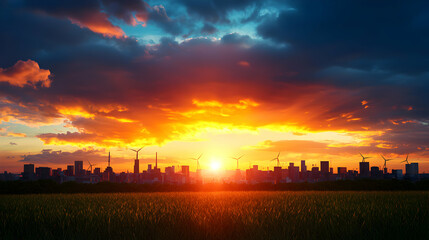 Naklejka premium Vibrant Sunset Over City Skyline and Flower Field