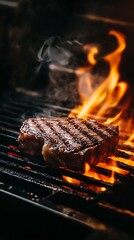 Grilled beef steak on the grill with flames in the background.