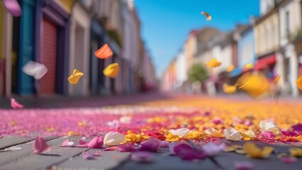 animated image of a city street with purple flowers and red buildings in the background