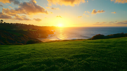 Obraz premium Vibrant Sunset Over Coastal Grassland