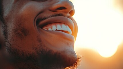 A joyful multiracial face radiates warmth, celebrating diversity and connection.