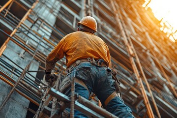 Construction Worker Climbing Scaffold in Urban Building Site