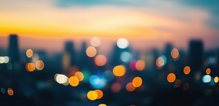 Out-of-focus city skyline at twilight, glowing bokeh lights in warm and cool colors