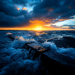 Obraz premium Vibrant Sunset Over Dark Ocean Waves Crashing on Rocks