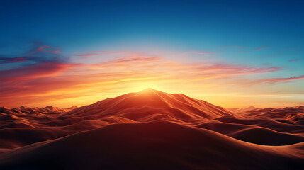 Naklejka premium Vibrant Sunset Over Desert Sand Dunes and Mountains