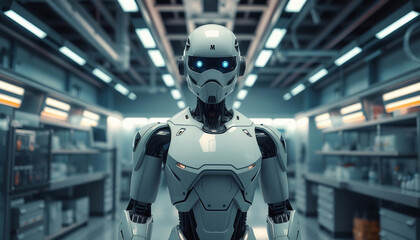 Fototapeta premium A Futuristic Robot Standing in a High-Tech Laboratory