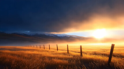 Fototapeta premium Vibrant Sunset Over Golden Field with Mountain Range