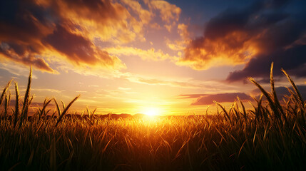 Vibrant Sunset Over Golden Grass Field