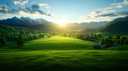Fototapeta premium Vibrant Sunset Over Lush Green Alpine Meadow