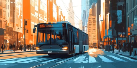 Obraz premium Urban Transit: A City Bus Rolling Through a Vibrant Metropolis at Sunset