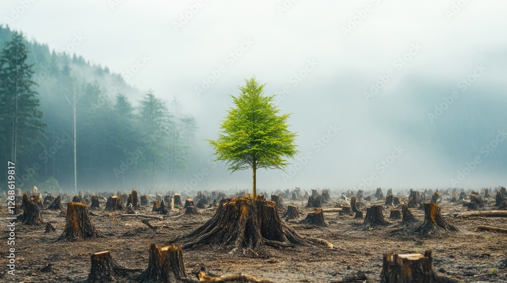 Poster single green tree stands resilient among fallen trunks in a misty forest clearing during the early m