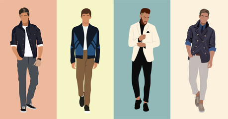 Obraz premium Set of fashion men in modern trendy outfits. Stylish guys wearing smart casual spring, summer clothes. Colored realistic vector illustrations isolated.