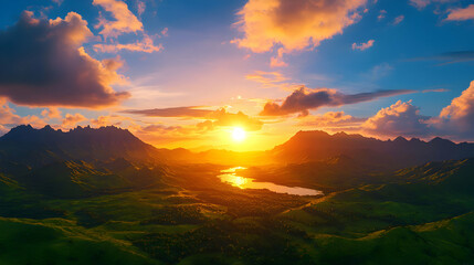 Obraz premium Vibrant Sunset Over Lush Green Mountains and Lake