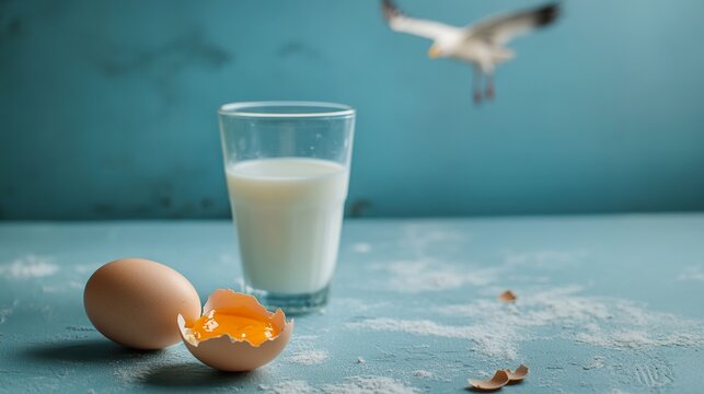 Cracked egg and milk on a surface with avian silhouette, symbolizing food safety and disease prevention.