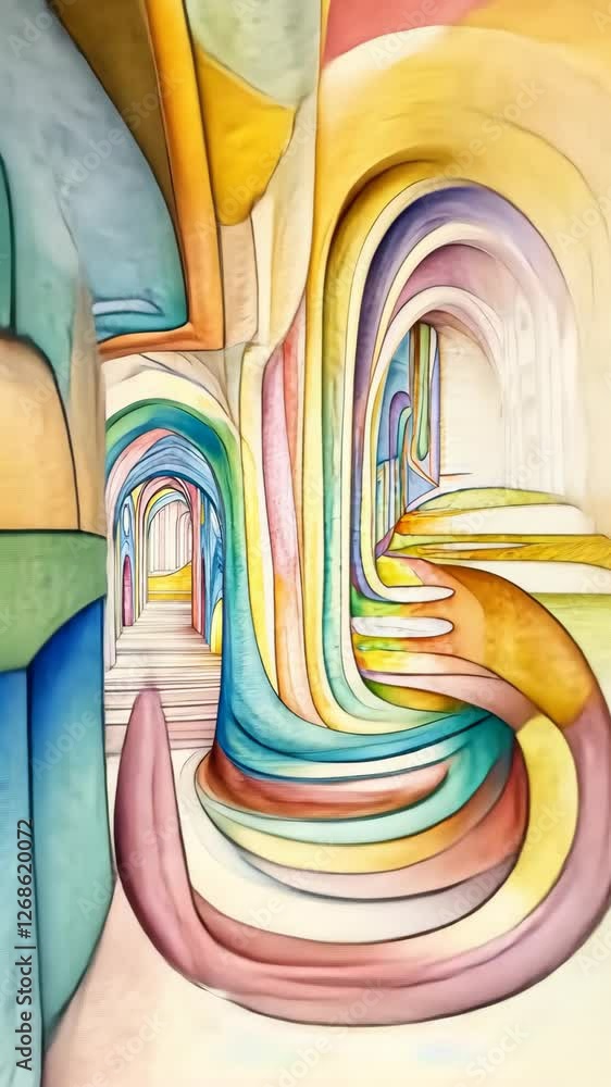 Poster vibrant abstract architecture featuring flowing curves and multicolored passages in a surreal design