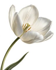 Fototapeta premium Elegant white tulip with delicate petals and long green stem, isolated on a white background. Perfect for spring, weddings, or floral decoration.