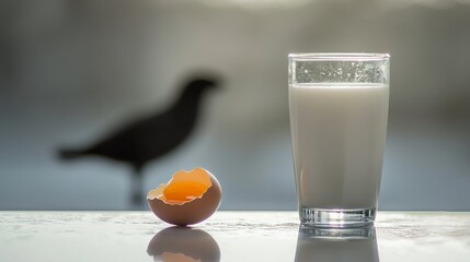 Cracked egg and milk on a surface with avian silhouette, symbolizing food safety and disease prevention.