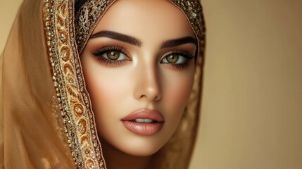 Pretty woman of Arabian appearance makeup luxury charm beige background --ar 16:9 --v 6.1 Job ID: 8271acf0-266f-4053-a062-362c2e999700