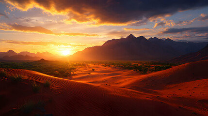 Naklejka premium Vibrant Sunset Over Red Sand Dunes and Mountains