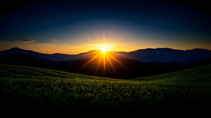 Vibrant Sunset Over Rolling Green Hills