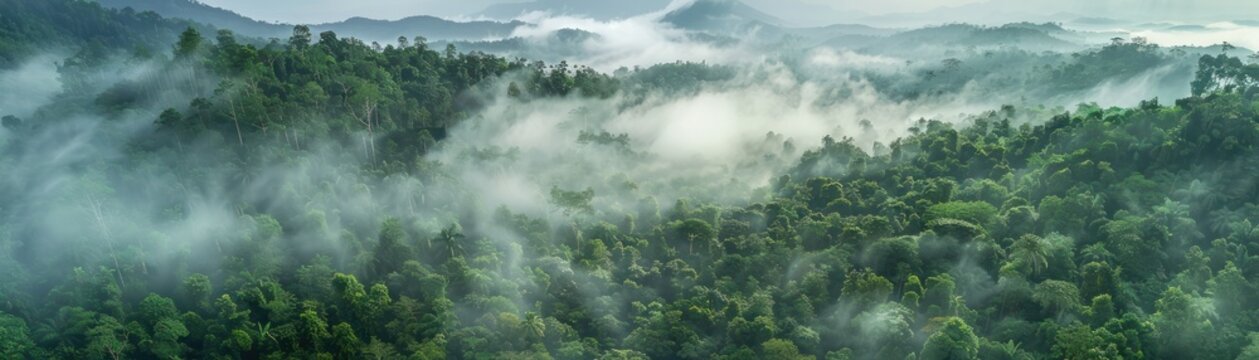 Fototapeta Rainforest aerial view top high drone shot flying mist fog stream jungle wild forest moisture wet green environment natural humidity scenery sunrise valley