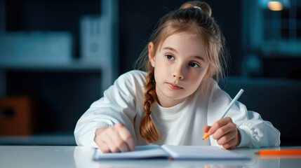 Child focused on writing in a dimly lit room.