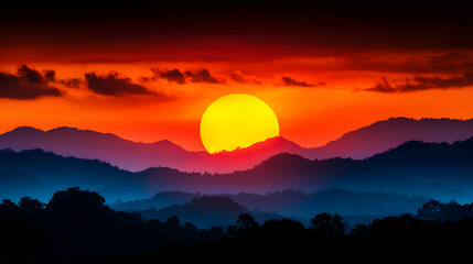Fototapeta premium Vibrant Sunset Over Silhouetted Mountains