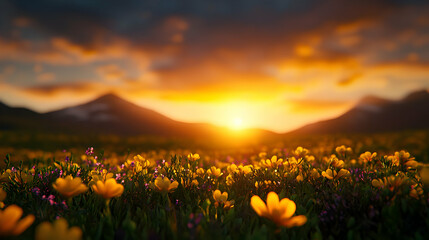 Fototapeta premium Vibrant Sunset Over Yellow Flower Field and Mountains