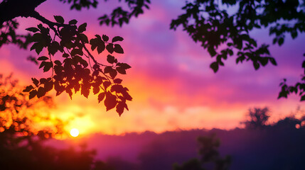 Fototapeta premium Vibrant Sunset Silhouette: Pink Purple Sky with Tree Branches