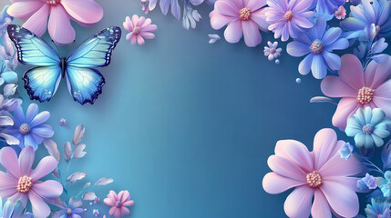 Fototapeta premium Delicate blue spring background with butterfly and flowers. Copy space. 