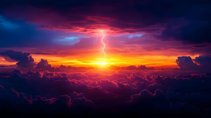 Fototapeta premium Vibrant Sunset with Lightning over Cityscape