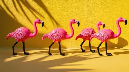 Naklejka premium Flamingo toys in motion, vibrant colors, simple yet creative design, evoking joy and playfulness.