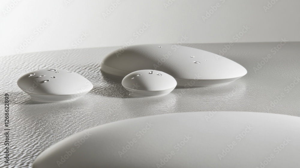 Poster Water droplets rest gently on a smooth surface, reflecting light and creating a mesmerizing display of shapes and textures. This tranquil moment captures nature's delicate beauty