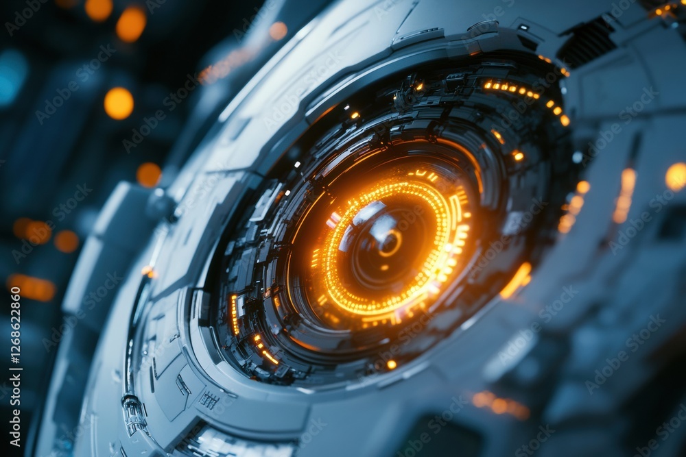 Poster Close up view of a glowing robotic eye surrounded by intricate circuits in a futuristic setting. Generative AI