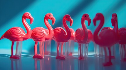 Flamingo toys in motion, vibrant colors, simple yet creative design, evoking joy and playfulness.