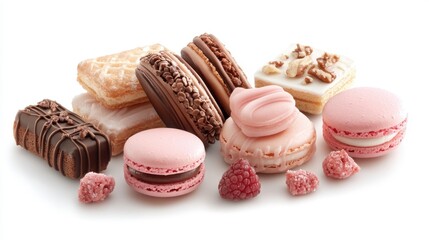 Obraz premium Colorful Assortment of Upscale Pastries and Confections Decorated with Fresh Raspberries on White Background