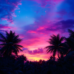 Fototapeta premium Vibrant Tropical Sunset with Silhouette Palm Trees