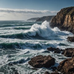 Fototapeta premium A rocky shoreline with powerful waves crashing against jagged cliffs.