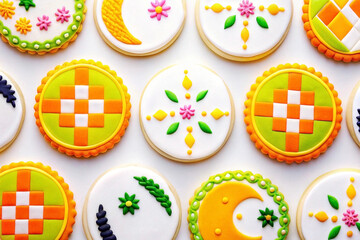 Festive decorated cookies, overhead, white background, celebration